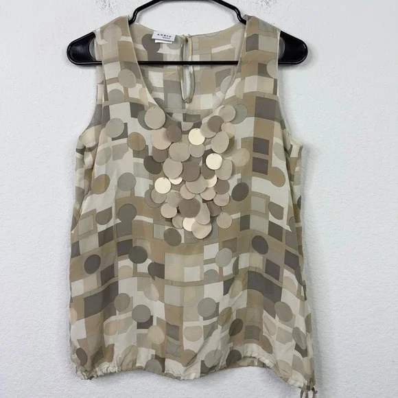 Akris Punto Shirt Womens 6 Neutral Geometric Circles Squares Quiet Luxury Artsy - Picture 1 of 8